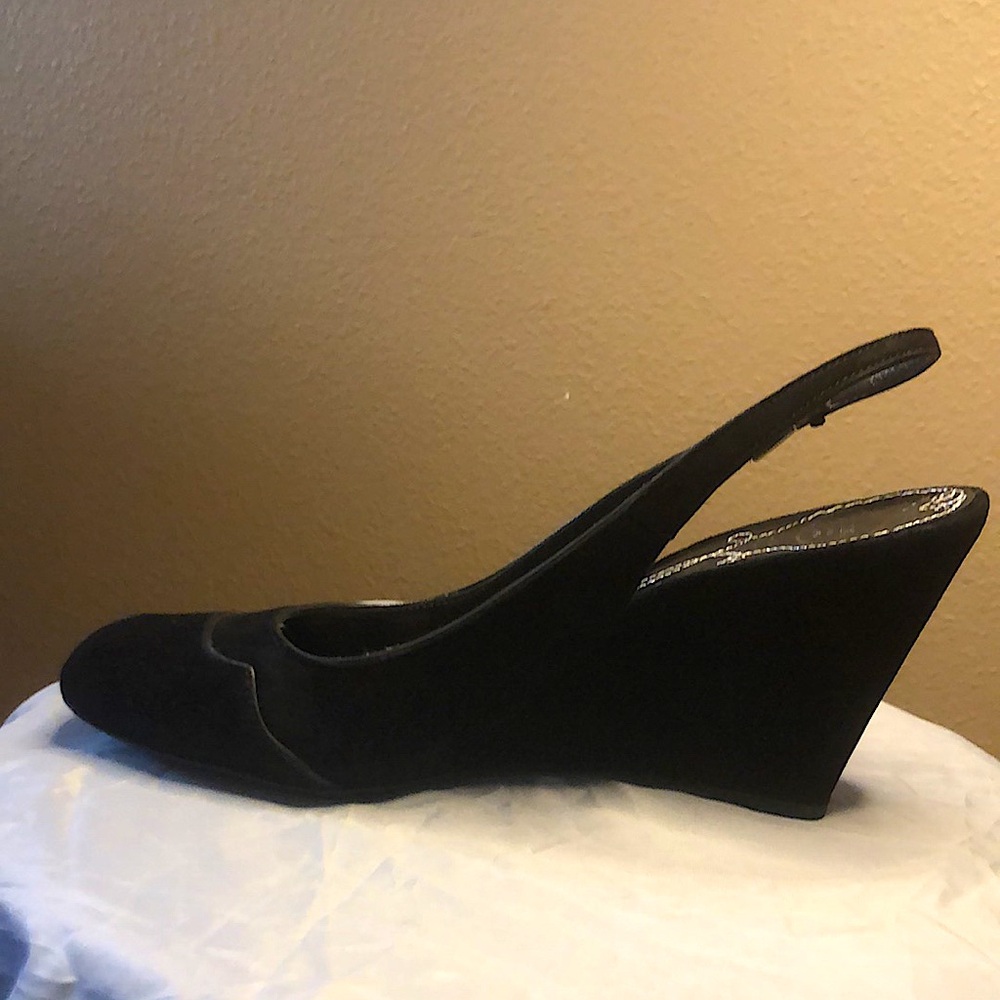 Prada Black Suede Peep-Toe Slingback Wedge Heels - Picture 7 of 8
